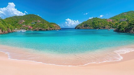 Obraz premium Serene beach with turquoise water and lush hills.