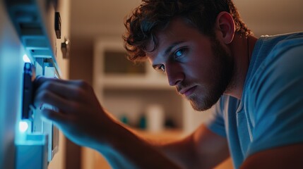 Man fixing appliance at night, kitchen background