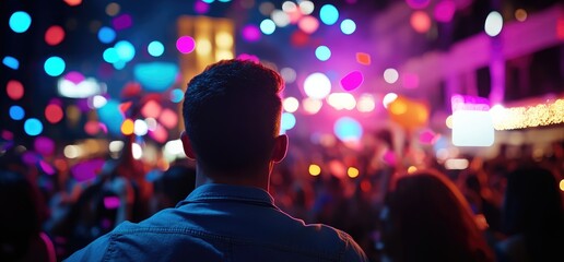 Man at night festival, colorful lights, crowd