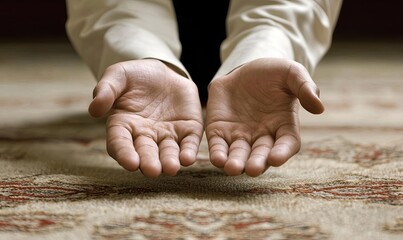 Praying hands on carpet, spiritual moment, indoor setting