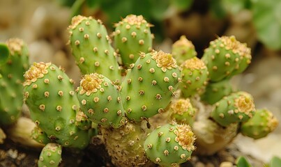 Prickly pear cactus close-up with blurred background, ideal for nature publications