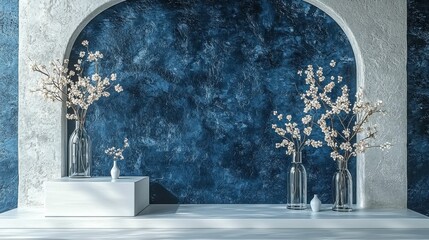 Minimal abstract 3D stage with a white table, glass podium, and delicate cherry blossom branches in vases, all set against a navy blue background, leaving room for promotional copy.