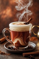 A steaming cup of spiced coffee topped with cream and garnished with cinnamon sticks.