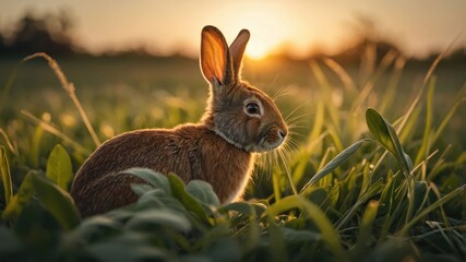 Fototapeta premium A serene rabbit sitting in a lush green field during sunset, with soft sunlight illuminating the scene