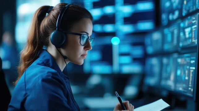 Portrait of a focused female customer service operator wearing a headset multitasking and jotting down notes while assisting a client on a call in a modern office environment