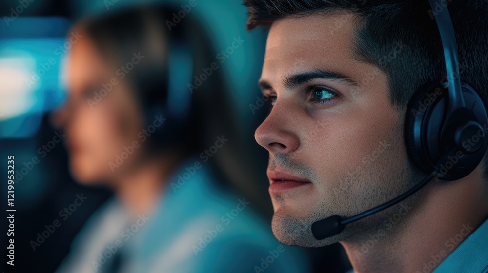 Poster a relaxed and professional agent wearing a headset handling a challenging customer service call with