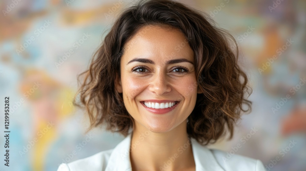 Poster cheerful and friendly customer service operator with a warm smile surrounded by diverse cultural sym