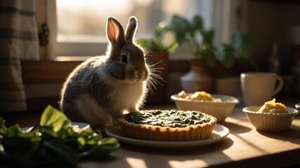 A curious rabbit explores a kitchen table adorned with a savory pie and side dishes, bathed in sunlight