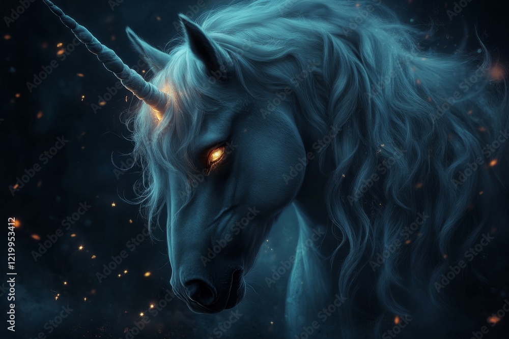 Poster a fantasy scene of a glowing unicorn standing in a mystical forest, surrounded by sparkling fireflie