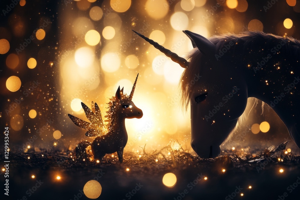 Poster a fantasy scene of a glowing unicorn standing in a mystical forest, surrounded by sparkling fireflie