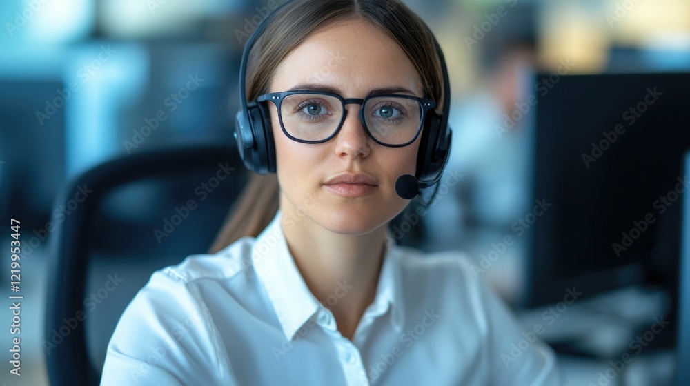 Poster call center agent assisting hearing impaired customer via video relay service for inclusive communic