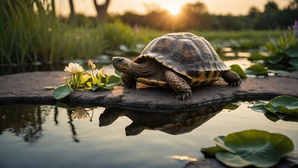 Obraz premium A serene tortoise basking on a rock surrounded by lily pads at sunset in a tranquil pond
