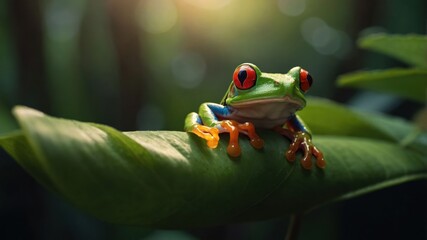 Naklejka premium Vibrant red-eyed tree frog perched on a lush green leaf in a serene rainforest setting
