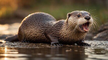 Playful otter emerging from water at sunset, surrounded by lush greenery and gentle ripples