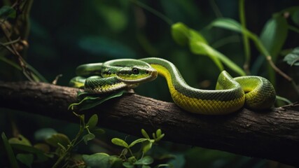 Obraz premium A vibrant green snake resting on a branch amidst lush foliage in a tropical forest setting