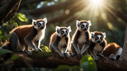 A group of four lemurs perched on a tree branch in a lush forest, illuminated by sunlight