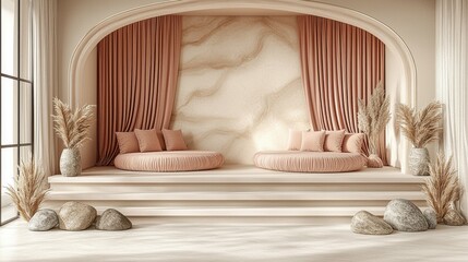 Minimalist 3D stage with dry plants, natural rocks, and a pastel beige and cream background, ideal for showcasing eco-friendly products with plenty of copy space for branding or messaging.