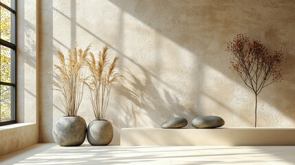 Minimalist 3D stage with dry plants, natural rocks, and a pastel beige and cream background, ideal for showcasing eco-friendly products with plenty of copy space for branding or messaging.