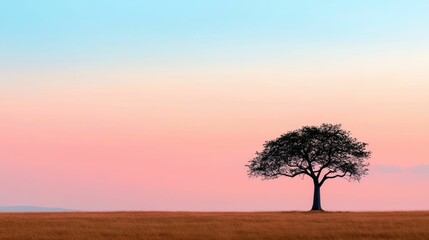 A lone baobab tree standing tall and proud on a vast open savannah at the tranquil hour of dusk its silhouette etched against the moody