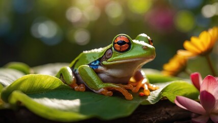 Naklejka premium Colorful frog resting on a leaf surrounded by vibrant flowers and soft sunlight in the background