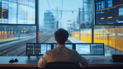 A man is sitting in front of a computer monitor with three screens