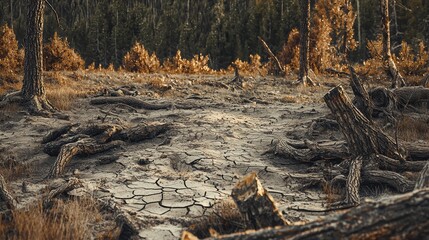 Obraz premium Desolate Forest Landscape with Study in Drought and Deforestation