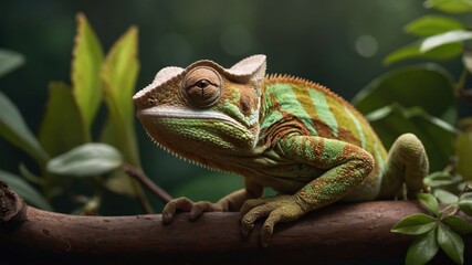 Fototapeta premium Colorful chameleon perched on a branch amidst lush greenery, showcasing its vibrant patterns