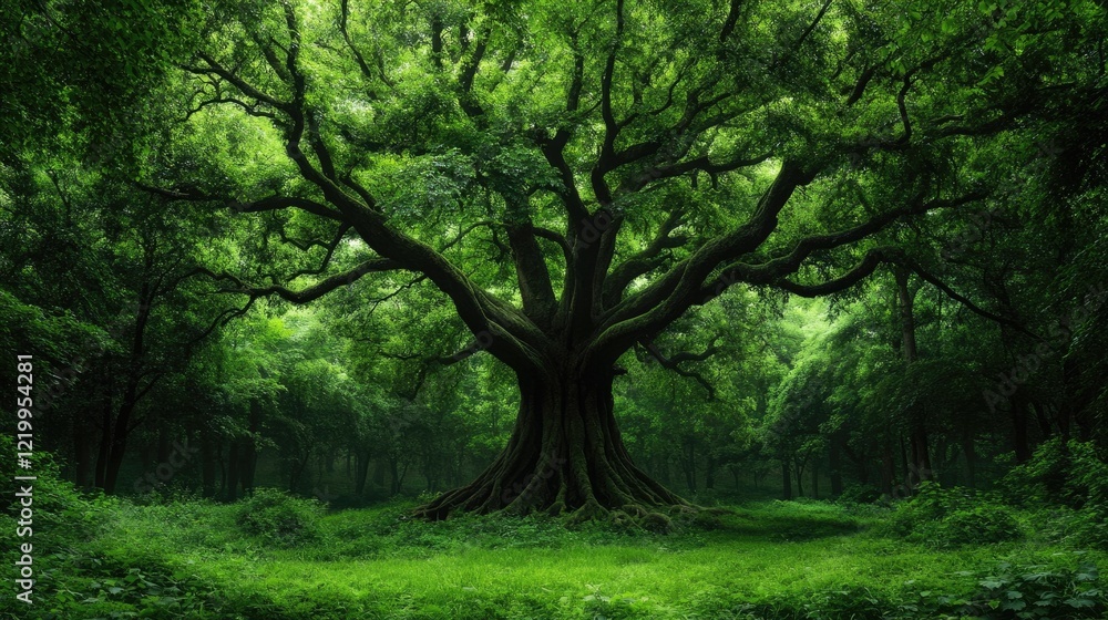 Poster majestic banyan tree with cascading roots and a vibrant forest backdrop creating a mystical and sere