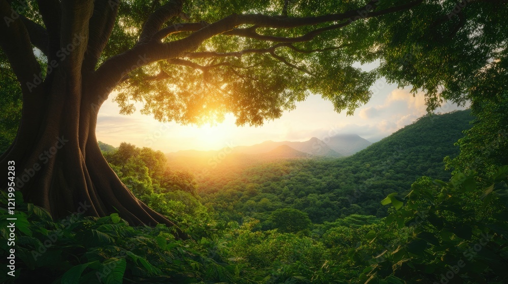 Poster majestic banyan tree with cascading roots and a vibrant forest backdrop creating a mystical atmosphe