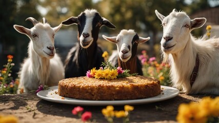 Fototapeta premium Four goats gathered around a decorated cake amidst colorful flowers in a sunny outdoor setting