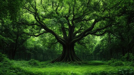 Naklejka premium Majestic banyan tree with cascading roots and a vibrant forest backdrop creating a mystical and serene atmosphere in the lush verdant landscape