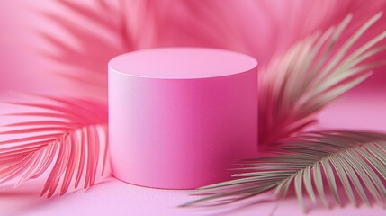 Elegant cylinder podium surrounded by leaves on a pastel background, ideal for displaying products, cosmetics, banners, or promoting sales and discounts in a minimalist presentation.