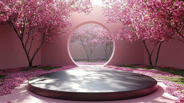 Elegant cylinder podium surrounded by leaves on a pastel background, ideal for displaying products, cosmetics, banners, or promoting sales and discounts in a minimalist presentation.