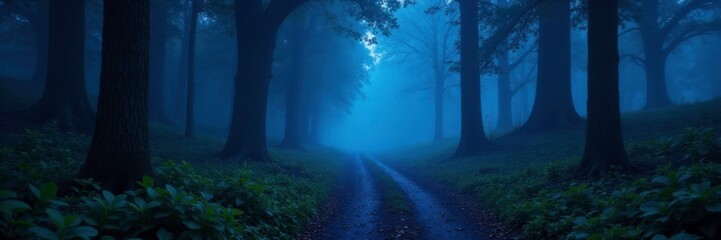 Naklejka premium Misty forest trail winding through trees, blue path disappearing into darkness, pathway, twilight, woods