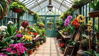 Vibrant Greenhouse Filled With Colorful Orchids And Plants