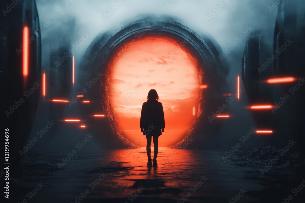 Poster a futuristic scene of a person standing in a glowing holographic chamber, their head bowed as digita