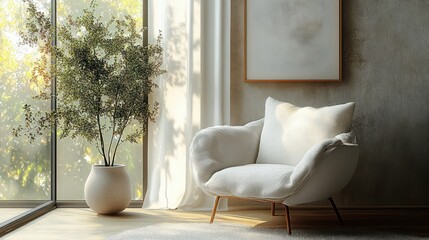 Cozy Scandinavian Living Room with White Armchair and Natural Light