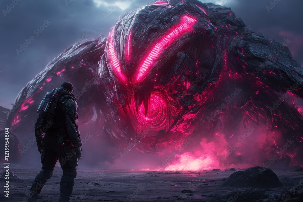 Poster a futuristic scene of a space explorer staring in shock at a massive alien structure glowing with ne