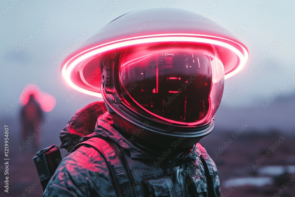 Poster a futuristic scene of a space explorer staring in shock at a massive alien structure glowing with ne
