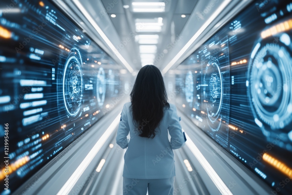 Aufkleber A futuristic setting where a person stands in the middle of a room filled with holographic screens displaying complex data, their confused expression highlighted by glowing lights