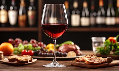Red wine glass with appetizers, fruits, and charcuterie on a table in a wine cellar
