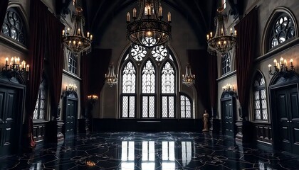 Obraz premium Dark Gothic Hallway With Elegant Chandeliers and Windows