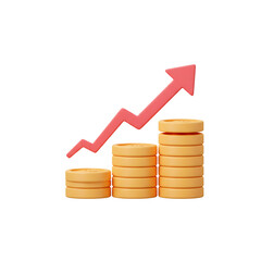 Coin stack growth chart with increasing arrow. Finance, capital and money increase concept. 3d vector icon. Cartoon minimal style.
