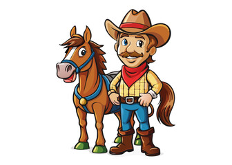 cowboy with horse isolated black outline vector illustration, transparent background
