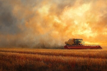Obraz premium Combine harvesting wheat field at sunset, smoky sky
