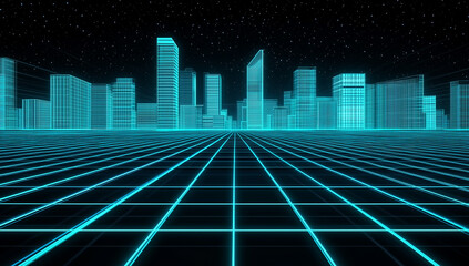 
A digital background with glowing blue lines and cityscape elements, representing the future of technology in business and data center design