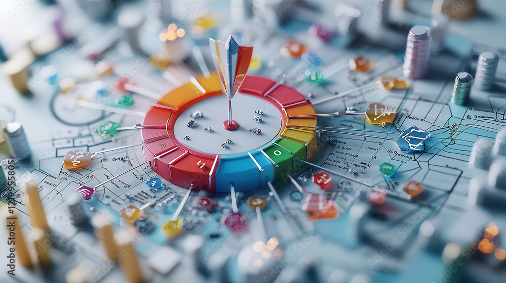 Poster colorful 3d diagram showcasing segmentation, targeting, and data visualization with interconnected e