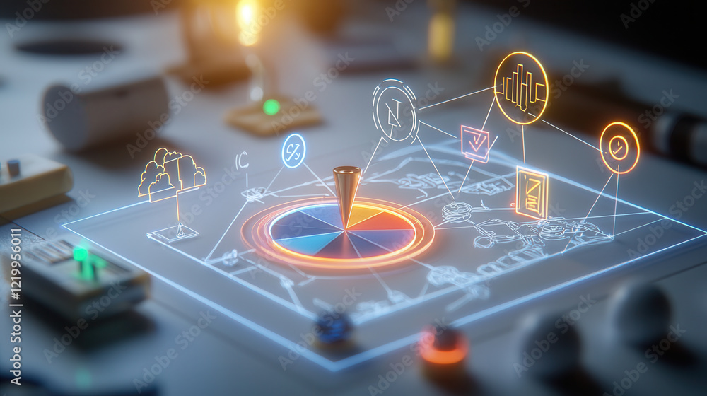 Poster futuristic 3d diagram showcasing segmentation, targeting, and data analysis concepts with glowing ic