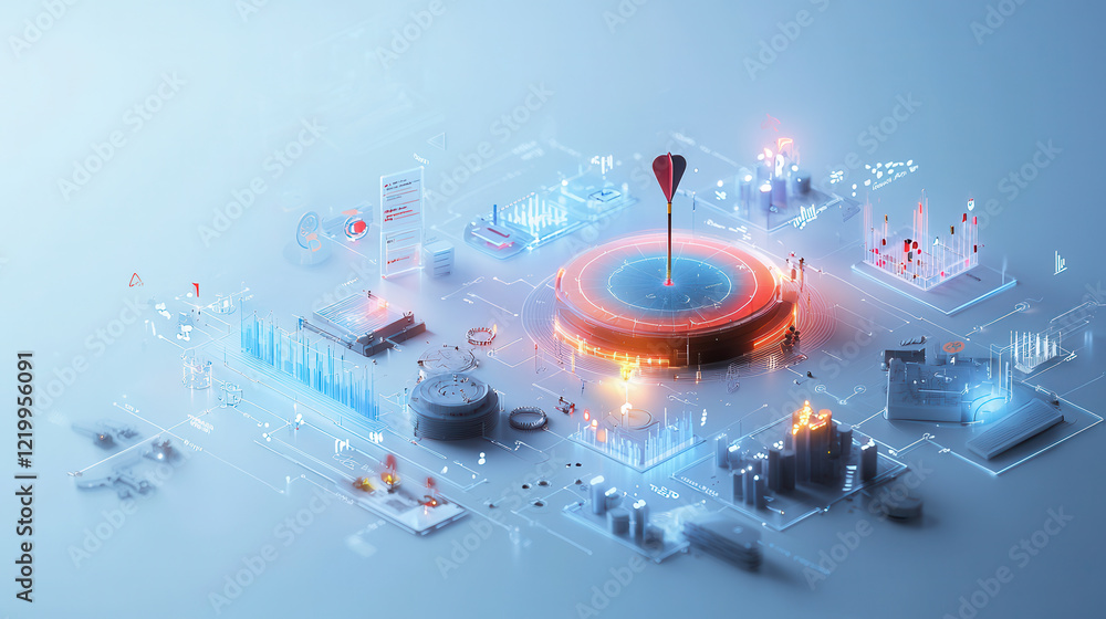 Poster futuristic 3d diagram showcasing segmentation, targeting, and data visualization with glowing elemen
