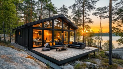 Modern cabin sunset lake view rental